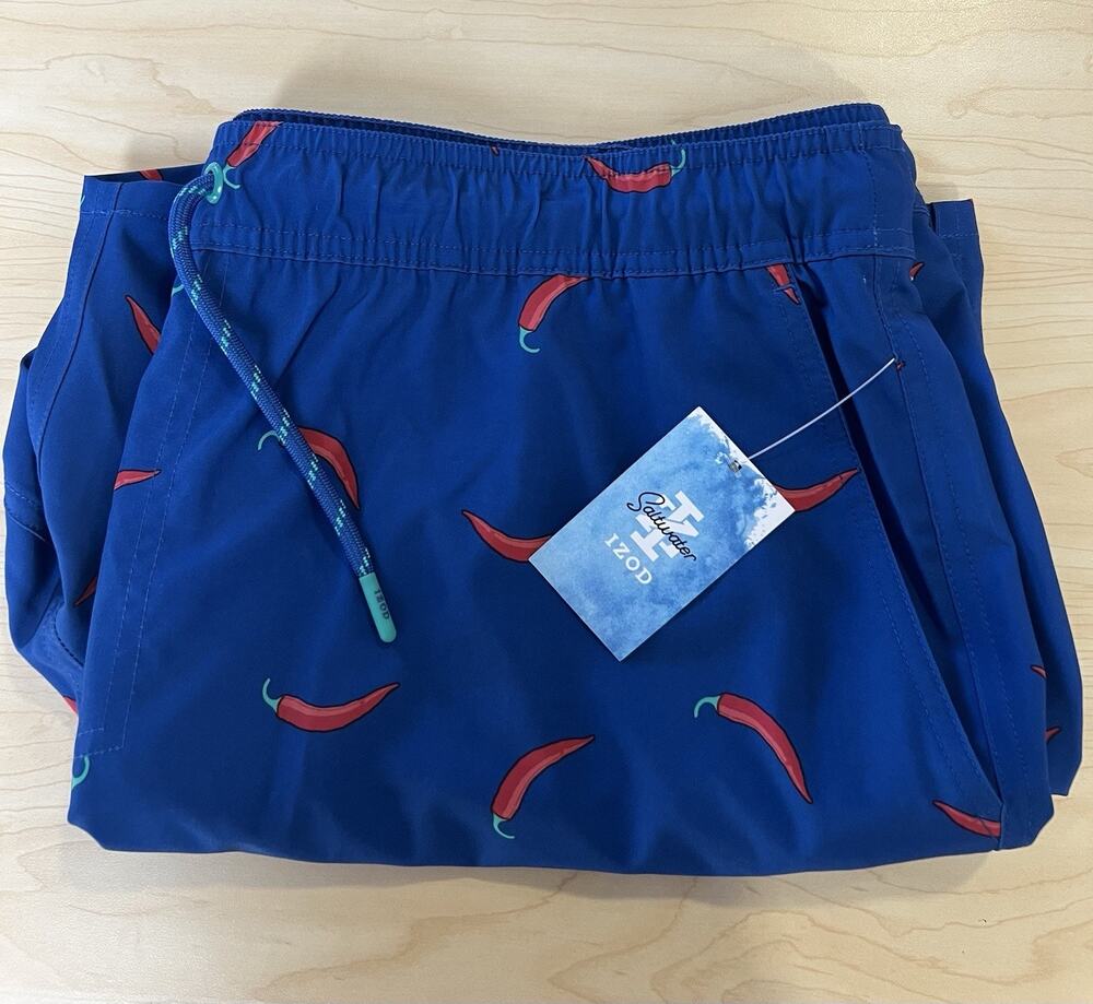 IZOD Saltwater Swim Trunks XXL Navy Blue With Red Chili Peppers Lined~pockets